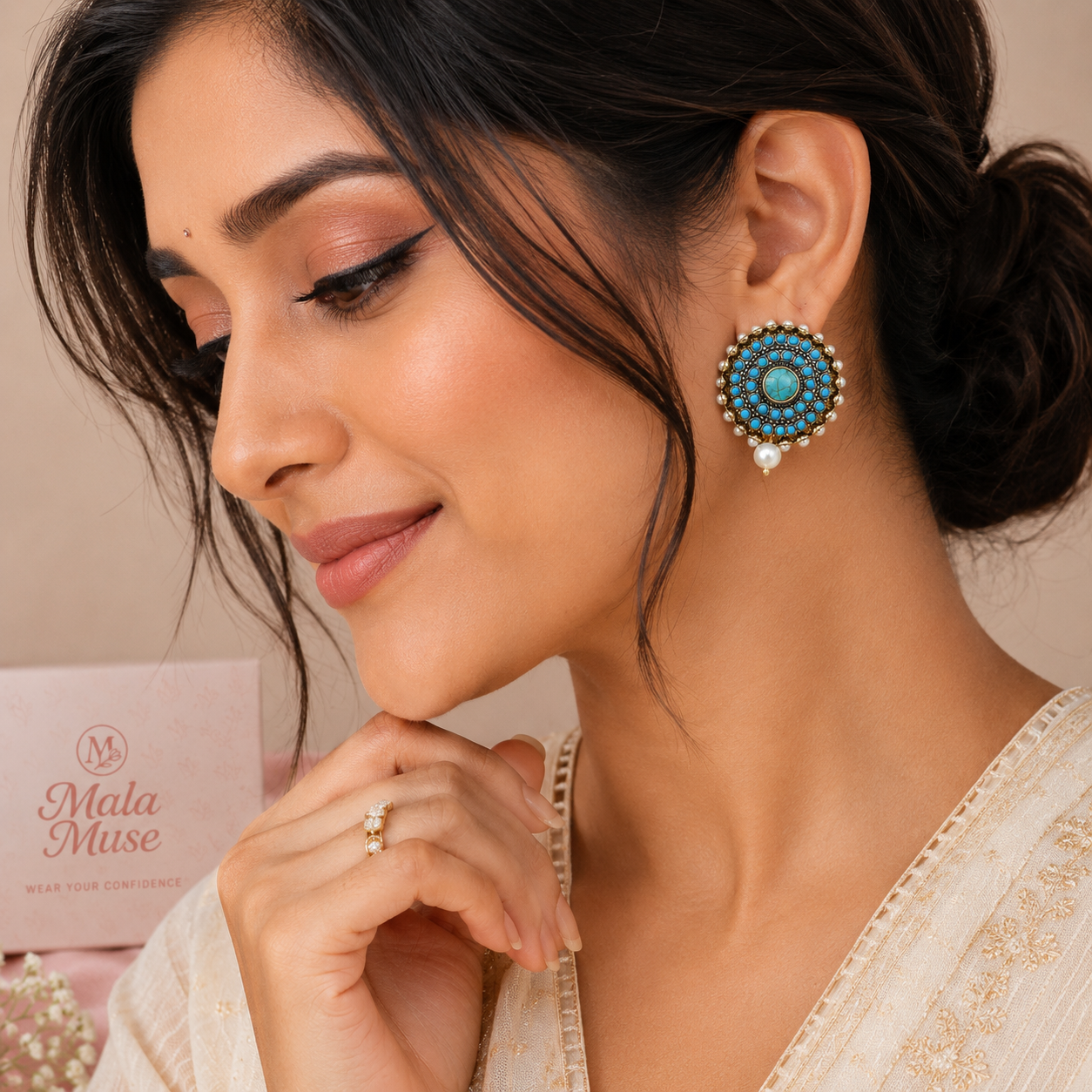 Feroza stone  Pearl Statement Earrings