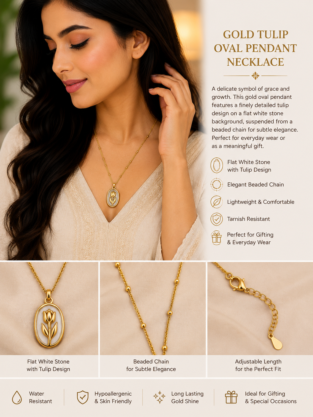 Gold Tulip Oval Pendant Necklace