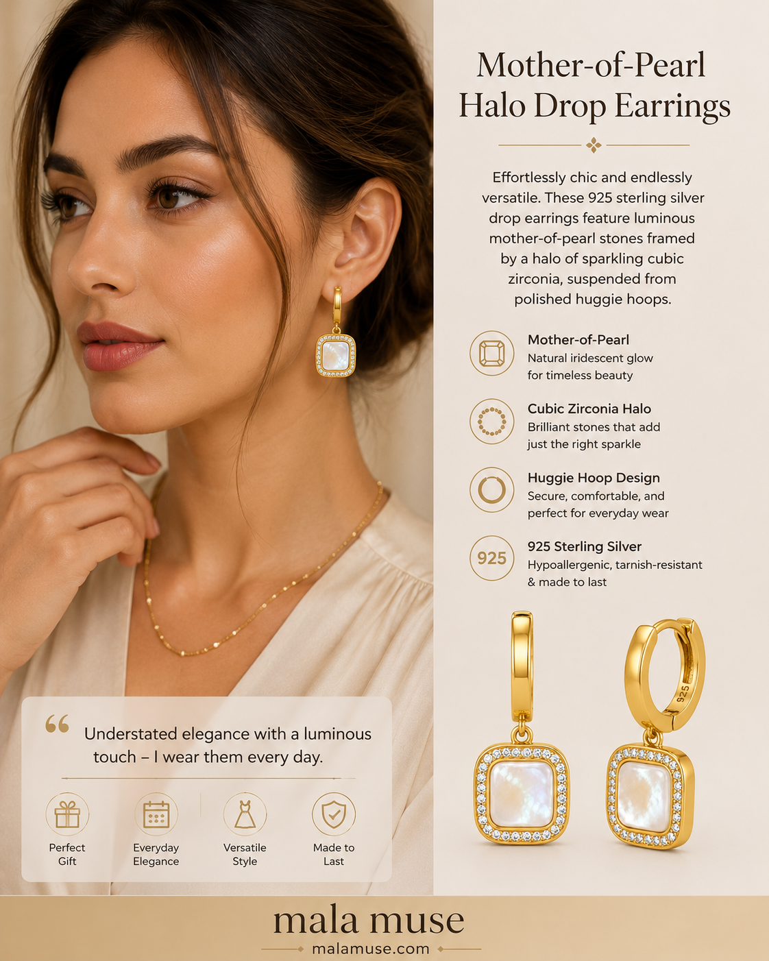 Zircon mother of pearl square earrings
