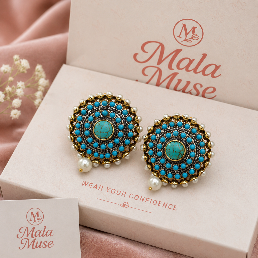 Feroza stone  Pearl Statement Earrings