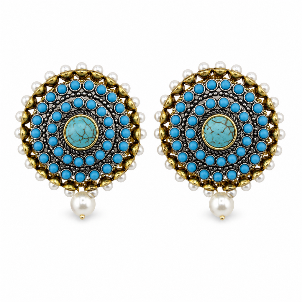 Feroza stone  Pearl Statement Earrings